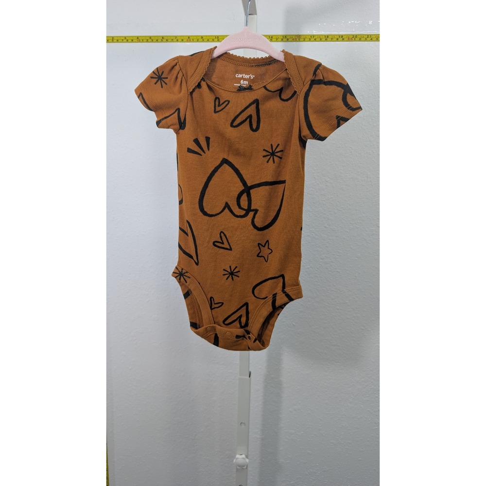 Carters Baby Girl 6M Bodysuit Brown Black Heart Star Doodle Print‎ Puff Sleeve